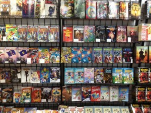 The full racks of free comics at Rubber Chicken Comics, before the crowds! (Photo courtesy of Jay Pillarella